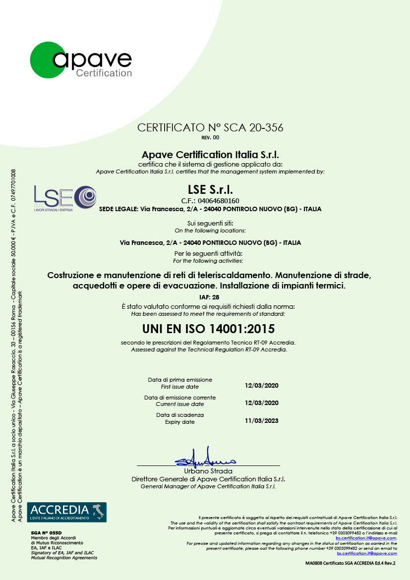 Certificato Apave Ambiente ISO 14001:2015