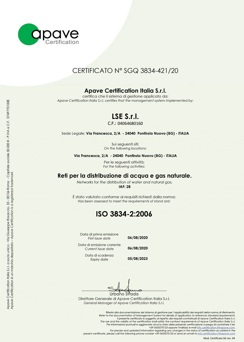 Certificato Apave ISO 3834-2:2006